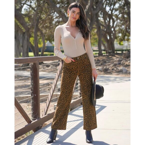 Wide Leg Denim Jeans Women High Waisted Ankle Length Leopard Cheetah Print - Picture 2 of 9